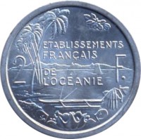 reverse of 2 Francs (1949) coin with KM# 3 from French Oceania. Inscription: ETABLISSEMENTS FRANÇAIS DE L'OCÉANIE 2 F.