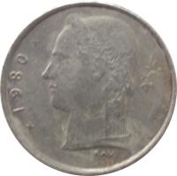 Belgium coin 1 Franc - Baudouin I - French text (1950 - 1988) obverse obverse of 1 Franc - Baudouin I - French text (1950 - 1988) coin with KM# 142 from Belgium. Inscription: * 1980 * RAU