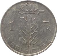 reverse of 1 Franc - Baudouin I - French text (1950 - 1988) coin with KM# 142 from Belgium. Inscription: 1 FR = BELGIQUE =