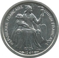 French Oceania coin 50 Centimes - E.F.O (1949) obverse obverse of 50 Centimes - E.F.O (1949) coin with KM# 1 from French Oceania. Inscription: REPUBLIQUE FRANÇAISE UNION FRANÇAISE G.B.BAZOR 1949