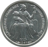 obverse of 50 Centimes - E.F.O (1949) coin with KM# 1 from French Oceania. Inscription: REPUBLIQUE FRANÇAISE UNION FRANÇAISE G.B.BAZOR 1949