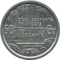 reverse of 50 Centimes - E.F.O (1949) coin with KM# 1 from French Oceania. Inscription: ETABLISSEMENTS FRANÇAIS DE L'OCÉANIE 50 Cmes