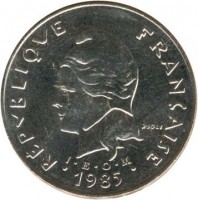 obverse of 50 Francs (1975 - 2005) coin with KM# 13 from French Polynesia. Inscription: REPUBLIQUE FRANÇAISE I · E · O · M 2007 R. JOLY