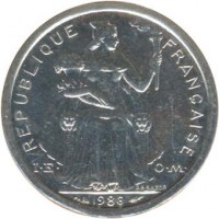 obverse of 1 Franc (1975 - 2013) coin with KM# 11 from French Polynesia. Inscription: REPUBLIQUE FRANÇAISE I · E · O · M · 2003 G.B.BAZOR