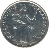 French Polynesia coin 5 Francs (1975 - 2014) obverse obverse of 5 Francs (1975 - 2014) coin with KM# 12 from French Polynesia. Inscription: REPUBLIQUE FRANÇAISE I · E · O · M · 2003 G.B.BAZOR