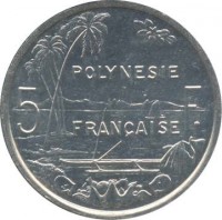 French Polynesia coin 5 Francs (1975 - 2014) reverse reverse of 5 Francs (1975 - 2014) coin with KM# 12 from French Polynesia. Inscription: POLYNESIE FRANÇAISE 5 F.