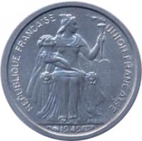 obverse of 50 Centimes (1965) coin with KM# 1 from French Polynesia. Inscription: REPUBLIQUE FRANÇAISE 1965 G.B.BAZOR