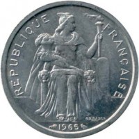 obverse of 2 Francs - Without IEOM (1965) coin with KM# 3 from French Polynesia. Inscription: REPUBLIQUE FRANCAISE 1965 G.B.BAZOR