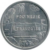 French Polynesia coin 2 Francs - Without IEOM (1965) reverse reverse of 2 Francs - Without IEOM (1965) coin with KM# 3 from French Polynesia. Inscription: POLYNESIE FRANCAISE