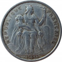obverse of 5 Francs - Without IEOM (1965) coin with KM# 4 from French Polynesia. Inscription: REPUBLIQUE FRANÇAISE G.B.BAZOR 1965