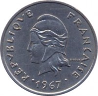 obverse of 10 Francs - Without IEOM (1967) coin with KM# 5 from French Polynesia. Inscription: RÉPUBLIQUE FRANÇAISE R. JOLY 1967