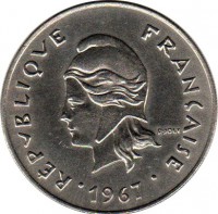 French Polynesia coin 50 Francs - Without IEOM (1967) obverse obverse of 50 Francs - Without IEOM (1967) coin with KM# 7 from French Polynesia. Inscription: RÉPUBLIQUE FRANÇAISE R. JOLY 1967