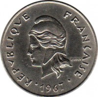 obverse of 50 Francs - Without IEOM (1967) coin with KM# 7 from French Polynesia. Inscription: RÉPUBLIQUE FRANÇAISE R. JOLY 1967