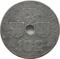 Belgium coin 10 Centimes - Leopold III - BELGIE-BELGIQUE (1941 - 1946) reverse reverse of 10 Centimes - Leopold III - BELGIE-BELGIQUE (1941 - 1946) coin with KM# 126 from Belgium. Inscription: BELGIE-BELGIQUE 10c O. JESPERS