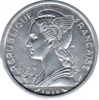 obverse of 2 Francs (1959 - 1965) coin with KM# 9 from French Somaliland. Inscription: REPUBLIQUE FRANCAISE 1959