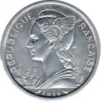 French Somaliland coin 2 Francs (1959 - 1965) obverse obverse of 2 Francs (1959 - 1965) coin with KM# 9 from French Somaliland. Inscription: REPUBLIQUE FRANCAISE 1959