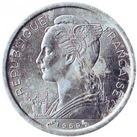 obverse of 1 Franc (1959 - 1965) coin with KM# 8 from French Somaliland. Inscription: REPUBLIQUE FRANCAISE 1959