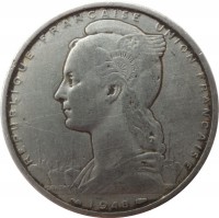 French Somaliland coin 5 Francs (1948) obverse obverse of 5 Francs (1948) coin with KM# 6 from French Somaliland. Inscription: REPUBLIQUE FRANCAISE UNION FRANCAISE BAZOR 1948