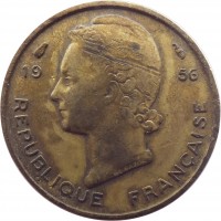 obverse of 5 Francs (1956) coin with KM# 5 from French West Africa. Inscription: REPUBLIQUE FRANÇAISE 1956 G.B.L. BAZOR