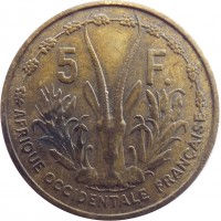 reverse of 5 Francs (1956) coin with KM# 5 from French West Africa. Inscription: 5 F. AFRIQUE OCCIDENTALE FRANÇAISE