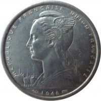 obverse of 2 Francs (1948 - 1955) coin with KM# 4 from French West Africa. Inscription: REPUBLIQUE FRANCAISE UNION FRANCAISE G.B.L. BAZOR 1948