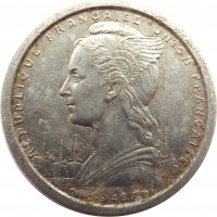 obverse of 1 Franc (1948 - 1955) coin with KM# 3 from French West Africa. Inscription: REPUBLIQUE FRANÇAISE UNION FRANÇAISE 1948 G.B.L. BAZOR