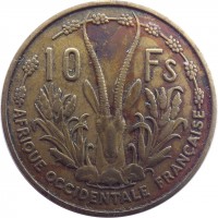 reverse of 10 Francs (1956) coin with KM# 6 from French West Africa. Inscription: 10 Fs AFRIQUE OCCIDENTALE FRANÇAISE
