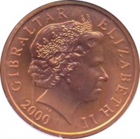 obverse of 2 Pence - Elizabeth II - 4'th Portrait (1998 - 2003) coin with KM# 774 from Gibraltar. Inscription: GIBRALTAR ELIZABETH II 2000