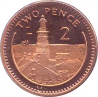 reverse of 2 Pence - Elizabeth II - 4'th Portrait (1998 - 2003) coin with KM# 774 from Gibraltar. Inscription: TWO PENCE 2