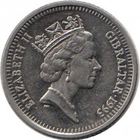 Gibraltar coin 10 Pence - Elizabeth II - 3'rd Portrait (1992 - 1997) obverse obverse of 10 Pence - Elizabeth II - 3'rd Portrait (1992 - 1997) coin with KM# 112 from Gibraltar. Inscription: ELIZABETH II GIBRALTAR · 1993 DM