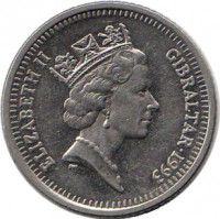 obverse of 10 Pence - Elizabeth II - 3'rd Portrait (1992 - 1997) coin with KM# 112 from Gibraltar. Inscription: ELIZABETH II GIBRALTAR · 1993 DM