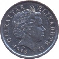 Gibraltar coin 10 Pence - Elizabeth II - 4'th Portrait (1998 - 2003) obverse obverse of 10 Pence - Elizabeth II - 4'th Portrait (1998 - 2003) coin with KM# 776 from Gibraltar. Inscription: GIBRALTAR ELIZABETH II 1998 IRB
