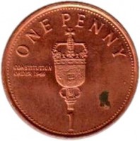 reverse of 1 Penny - Elizabeth II - Constitution Order 1969 - 3'rd Portrait (2005 - 2009) coin with KM# 1079 from Gibraltar. Inscription: ONE PENNY CONSTITUTION ORDER 1969 1