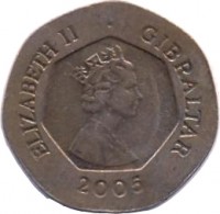 obverse of 20 Pence - Elizabeth II - 3'rd Portrait (2005 - 2011) coin with KM# 1083 from Gibraltar. Inscription: ELIZABETH II · GIBRALTAR 2005