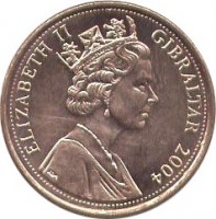 Gibraltar coin 1 Penny - Elizabeth II - Occupation - 3'rd Portrait (2004) obverse obverse of 1 Penny - Elizabeth II - Occupation - 3'rd Portrait (2004) coin with KM# 1046 from Gibraltar. Inscription: ELIZABETH II GIBRALTAR 2004