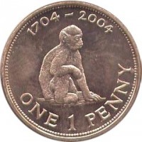 Gibraltar coin 1 Penny - Elizabeth II - Occupation - 3'rd Portrait (2004) reverse reverse of 1 Penny - Elizabeth II - Occupation - 3'rd Portrait (2004) coin with KM# 1046 from Gibraltar. Inscription: 1704 - 2004 ONE 1 PENNY