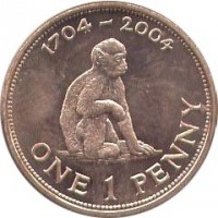 reverse of 1 Penny - Elizabeth II - Occupation - 3'rd Portrait (2004) coin with KM# 1046 from Gibraltar. Inscription: 1704 - 2004 ONE 1 PENNY