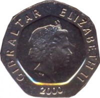 obverse of 20 Pence - Elizabeth II - Our Lady of Europa - 4'th Portrait (1998 - 2003) coin with KM# 777 from Gibraltar. Inscription: GIBRALTAR ELIZABETH II 2000