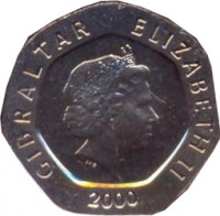 Gibraltar coin 20 Pence - Elizabeth II - Our Lady of Europa - 4'th Portrait (1998 - 2003) obverse obverse of 20 Pence - Elizabeth II - Our Lady of Europa - 4'th Portrait (1998 - 2003) coin with KM# 777 from Gibraltar. Inscription: GIBRALTAR ELIZABETH II 2000