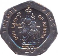 reverse of 20 Pence - Elizabeth II - Our Lady of Europa - 4'th Portrait (1998 - 2003) coin with KM# 777 from Gibraltar. Inscription: TWENTY PENCE OUR LADY OF EUROPA 20 AA PM