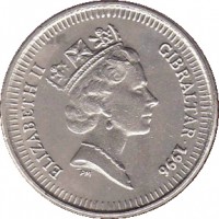 obverse of 5 Pence - Elizabeth II - Smaller; 3'rd Portrait (1990 - 1997) coin with KM# 22a from Gibraltar. Inscription: ELIZABETH II GIBRALTAR · 1996