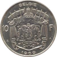 reverse of 10 Francs - Baudouin I - Dutch text (1969 - 1979) coin with KM# 156 from Belgium. Inscription: BELGIE 10 F J.DEBAST. 1969