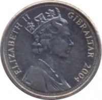 obverse of 5 Pence - Elizabeth II - Occupation - 3'rd Portrait (2004) coin with KM# 1049 from Gibraltar. Inscription: ELIZABETH II GIBRALTAR 2004