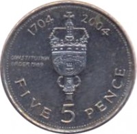 reverse of 5 Pence - Elizabeth II - Occupation - 3'rd Portrait (2004) coin with KM# 1049 from Gibraltar. Inscription: 1704 2004 CONSTITUTION ORDER 1969 FIVE 5 PENCE