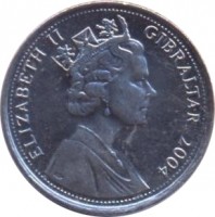 obverse of 10 Pence - Elizabeth II - Occupation - 3'rd Portrait (2004) coin with KM# 1047 from Gibraltar. Inscription: ELIZABETH II GIBRALTAR 2004