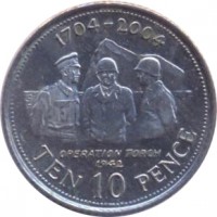 Gibraltar coin 10 Pence - Elizabeth II - Occupation - 3'rd Portrait (2004) reverse reverse of 10 Pence - Elizabeth II - Occupation - 3'rd Portrait (2004) coin with KM# 1047 from Gibraltar. Inscription: 1704 - 2004 OPERATION TORCH 1942 TEN 10 PENCE