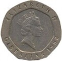 Gibraltar coin 20 Pence - Elizabeth II - Our Lady of Europa - 3'rd Portrait (1988 - 1997) obverse obverse of 20 Pence - Elizabeth II - Our Lady of Europa - 3'rd Portrait (1988 - 1997) coin with KM# 16 from Gibraltar. Inscription: ELIZABETH II GIBRALTAR 1988