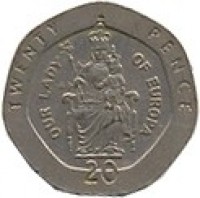 Gibraltar coin 20 Pence - Elizabeth II - Our Lady of Europa - 3'rd Portrait (1988 - 1997) reverse reverse of 20 Pence - Elizabeth II - Our Lady of Europa - 3'rd Portrait (1988 - 1997) coin with KM# 16 from Gibraltar. Inscription: TWENTY PENCE OUR LADY OF EUROPA 20