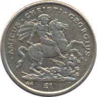 Gibraltar coin 1 Pound - Elizabeth II - St Georges - 4'th Portrait (2003) reverse reverse of 1 Pound - Elizabeth II - St Georges - 4'th Portrait (2003) coin with KM# 1036 from Gibraltar. Inscription: · AMICUS · CHRISTI · GEORGIUS · £1