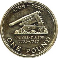 Gibraltar coin 1 Pound - Elizabeth II - Occupation - 3'rd Portrait (2004) reverse reverse of 1 Pound - Elizabeth II - Occupation - 3'rd Portrait (2004) coin with KM# 1051 from Gibraltar. Inscription: 1704 - 2004 THE GREAT SIEGE 1779-1783 ONE POUND